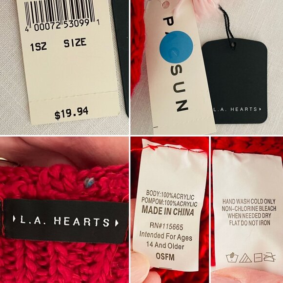 LA Hearts Red Knit Beanie Hat One Size with Pink Pom Pom PacSun Cozycore - Picture 6 of 7